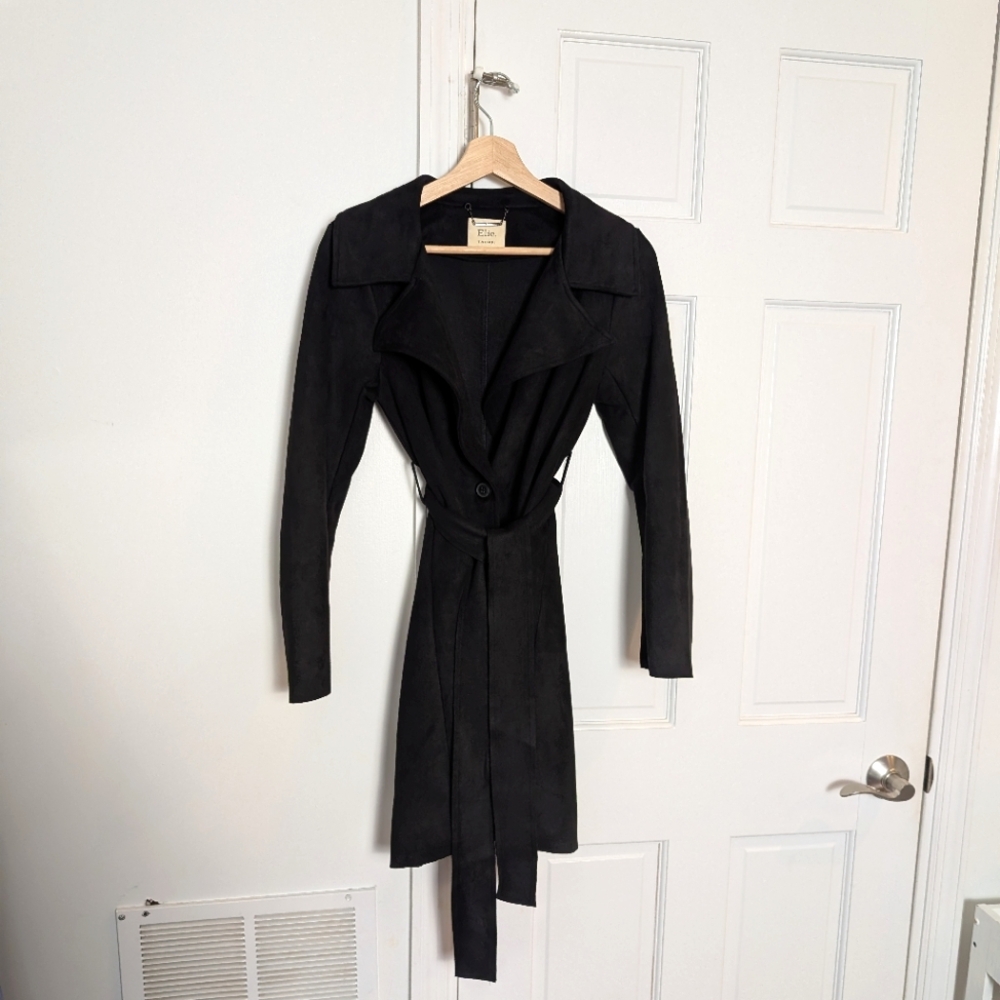 EUC XS Elie Tahari Trench Coat | Black Faux Leather | Single Button Tie Waist